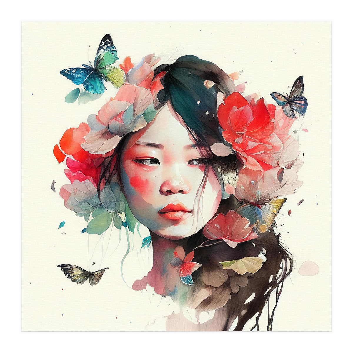 Watercolor Floral Asian Woman #8 (Print Only)