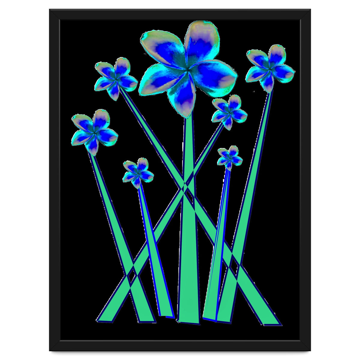 Blue flowers on black.
