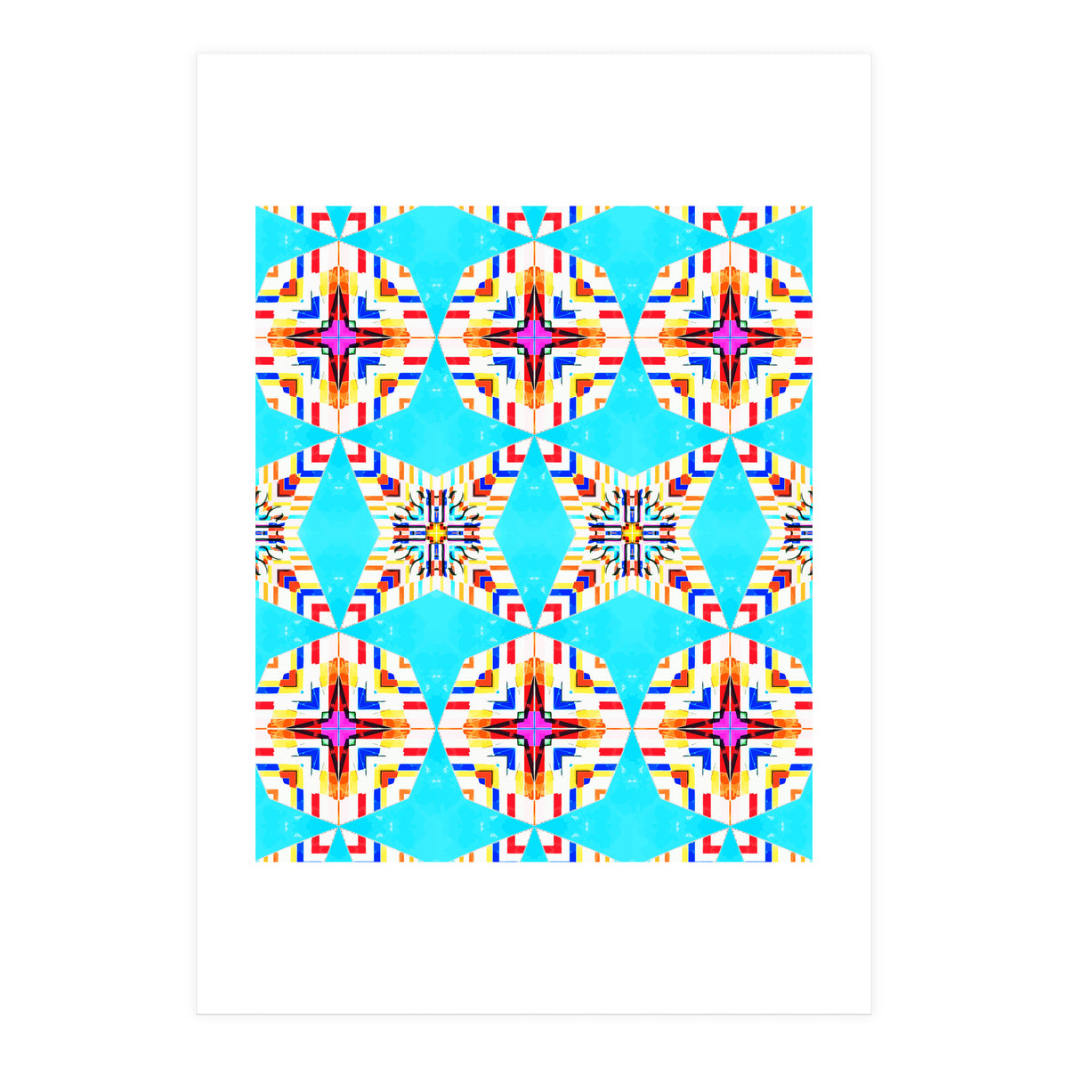 Exotic Tiles, Moroccan Teal Kaleidoscope Pattern, Turkish Bohemian Colorful Culture Eclectic Graphic (Print Only)