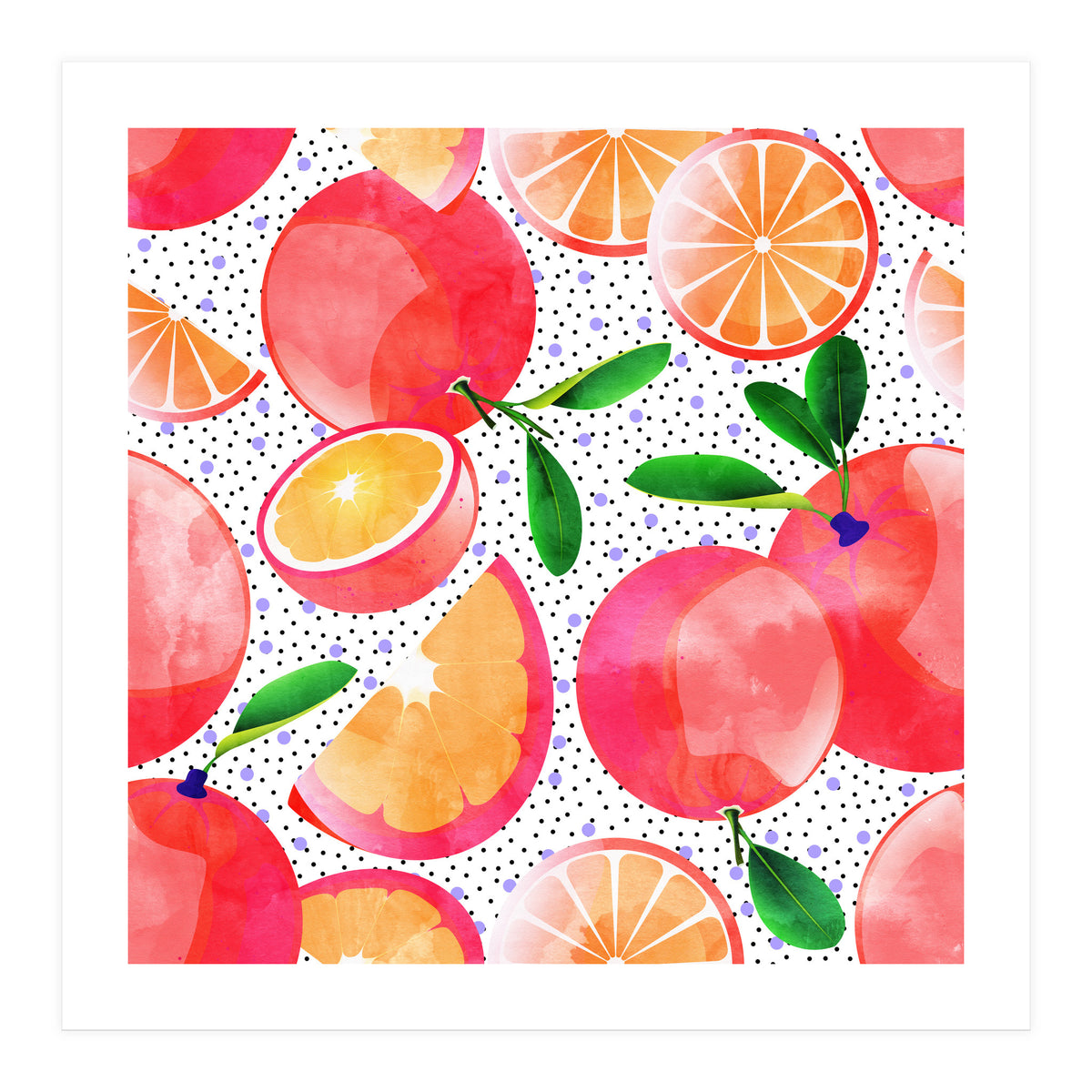 Citrus Tropical | Juicy Fruits Polka Dots | Food Orange Grapefruit Pink Watercolor Botanica (Print Only)