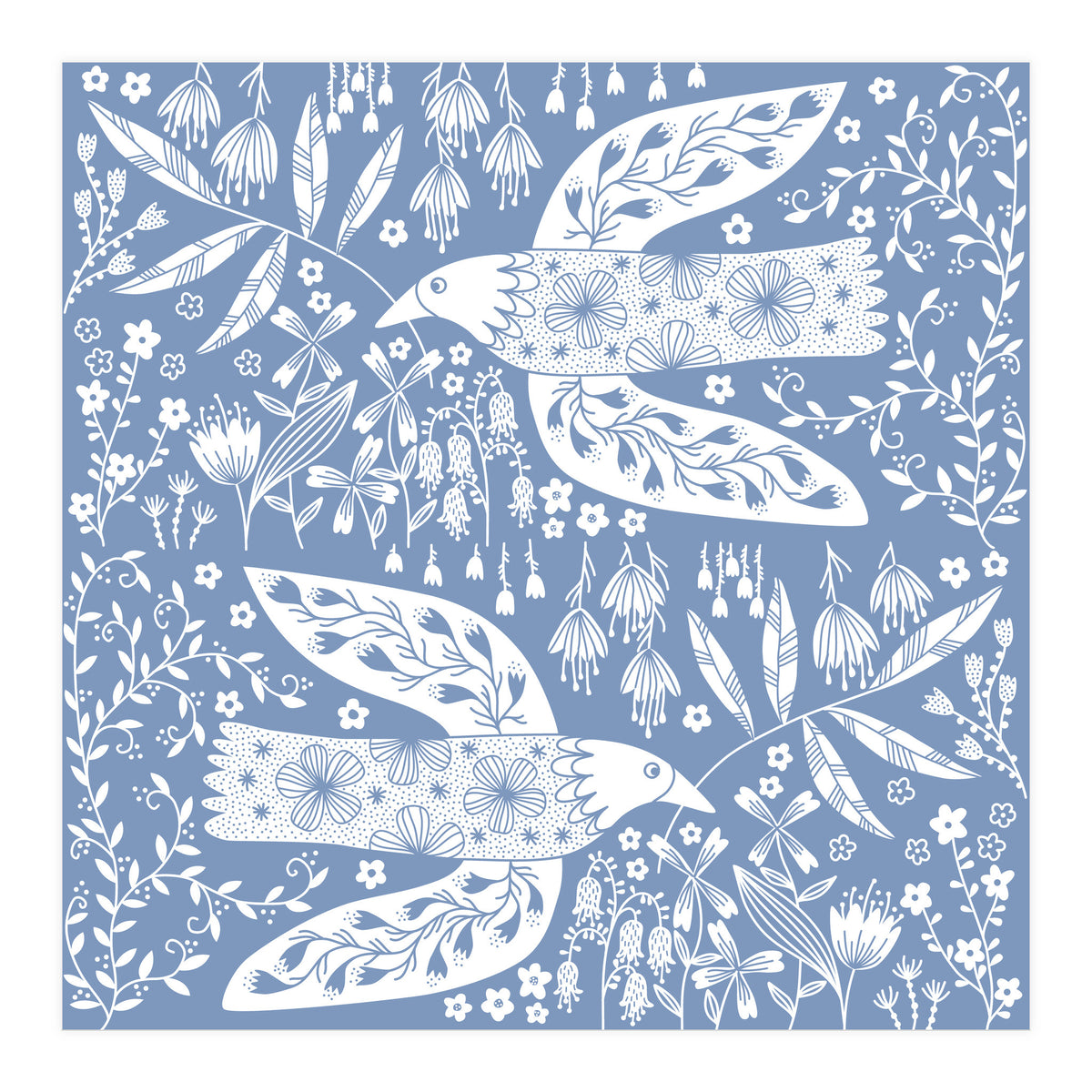Doves And Flowers White On Blue (Print Only)