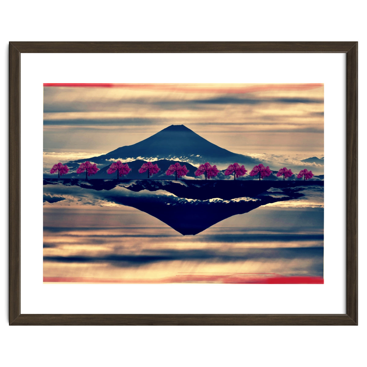 Reflection on Mount Fuji with cherry trees.