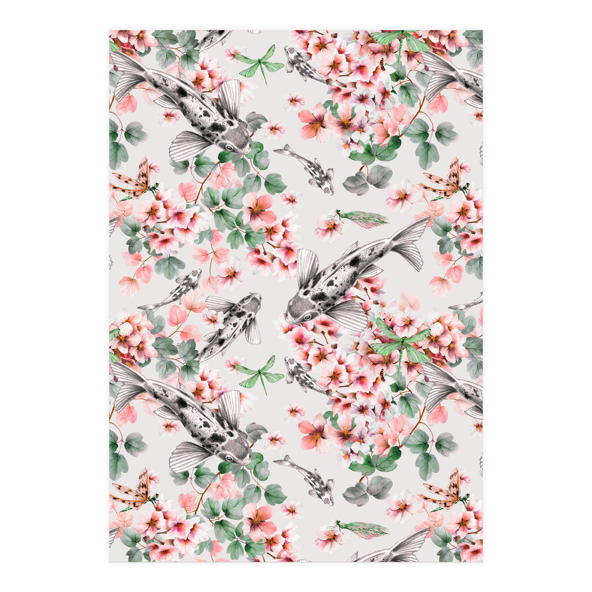 Asian fish among flowers (Print Only)