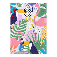 Tropical Spring | Pastel Quirky Modern Bohemian Jungle Botanical | Flamingo Palm Cockatoo Birds (Print Only)