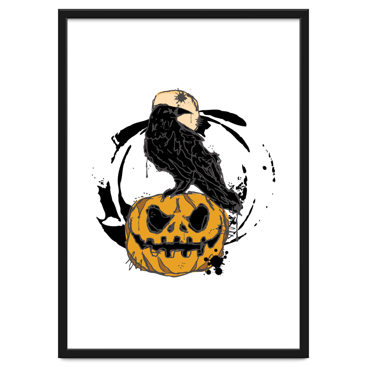 Raven over a pumpkin scribble sketch