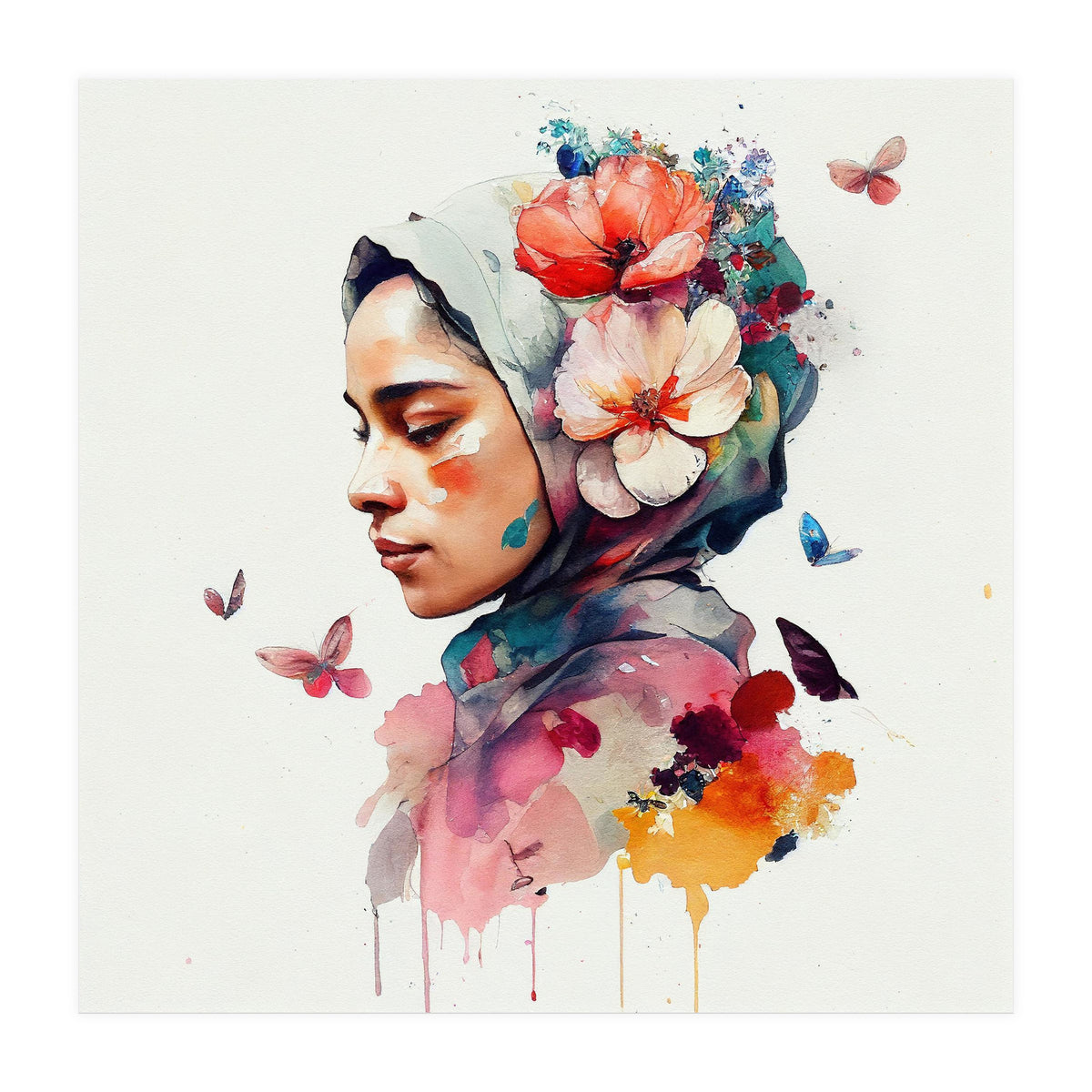 Watercolor Floral Muslim Woman #3 (Print Only)