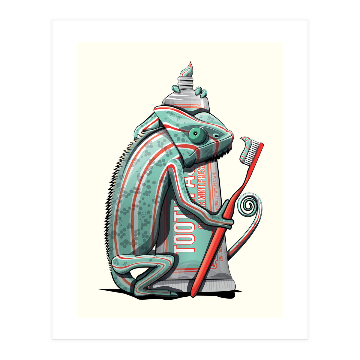 Chameleon Brushing Teeth, Funny Bathroom Humour (Print Only)