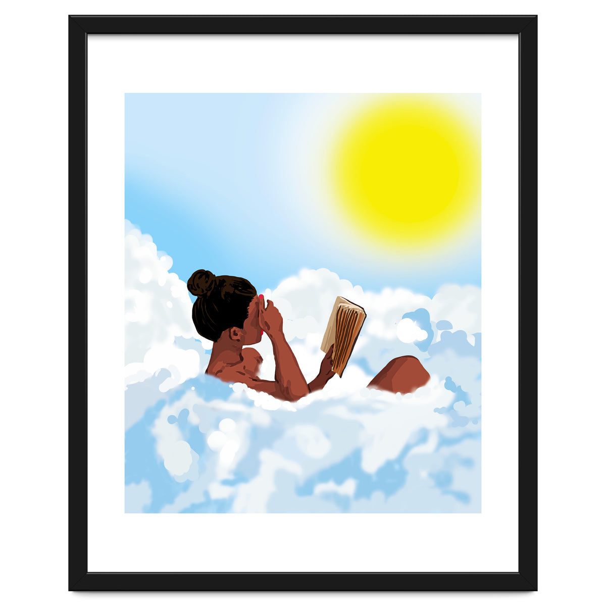 Reading on Clouds, Black Woman Summer Sunny Day Book Painting, Bohemian Nude