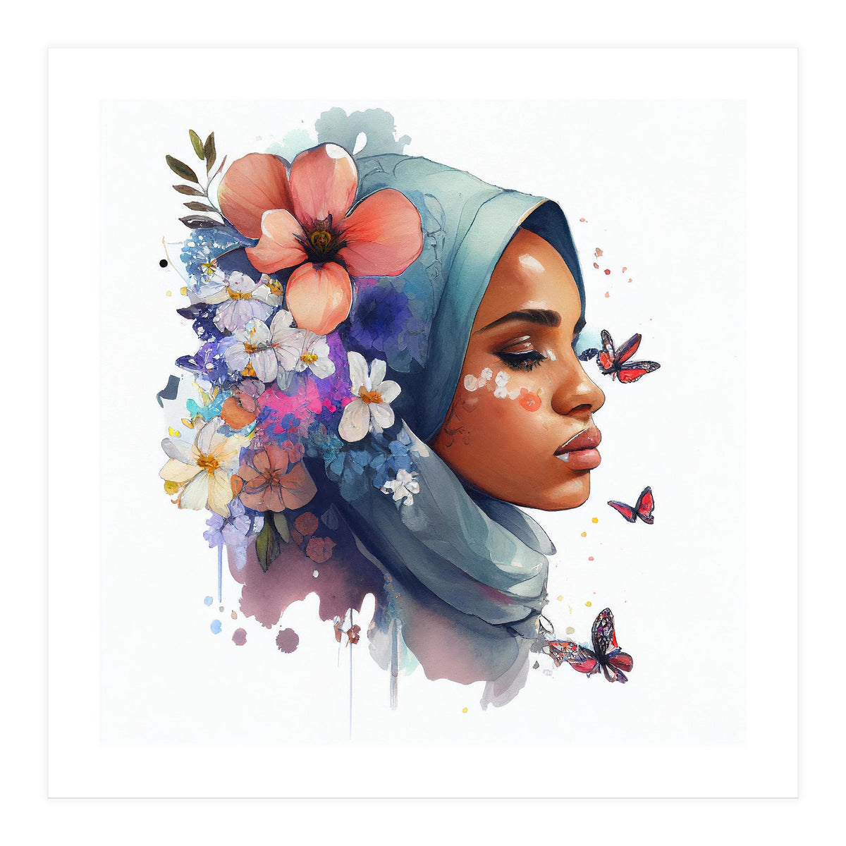 Watercolor Floral Muslim Arabian Woman #3 (Print Only)