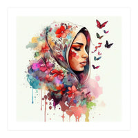 Watercolor Floral Muslim Arabian Woman #4 (Print Only)