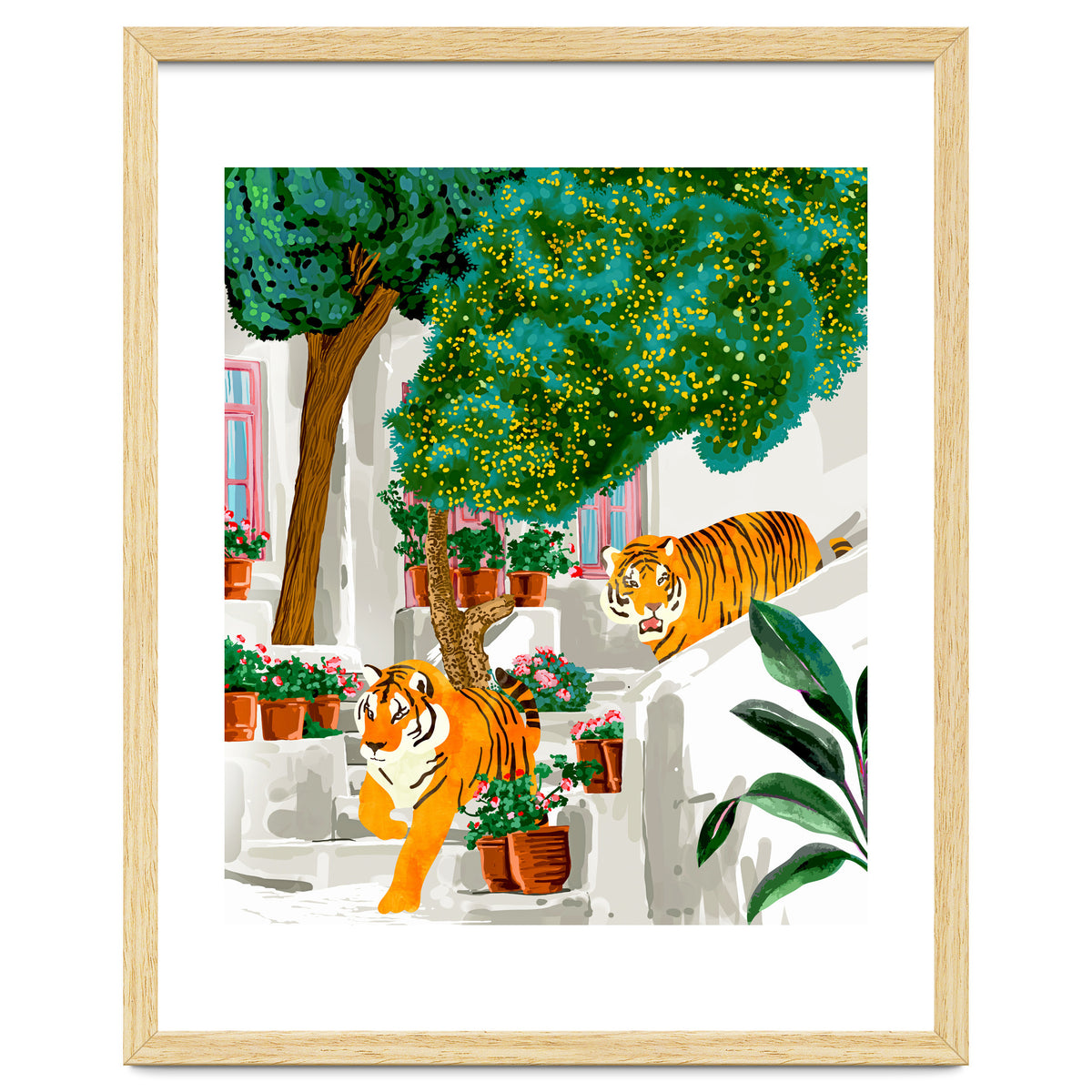 Tigers in Greece | Santorini Travel Architecture, Wildlife Animal Painting | Watercolor Illustration