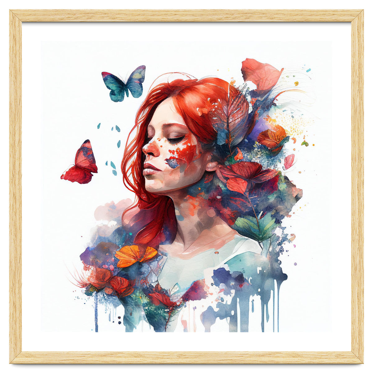 Watercolor Floral Red Hair Woman #2