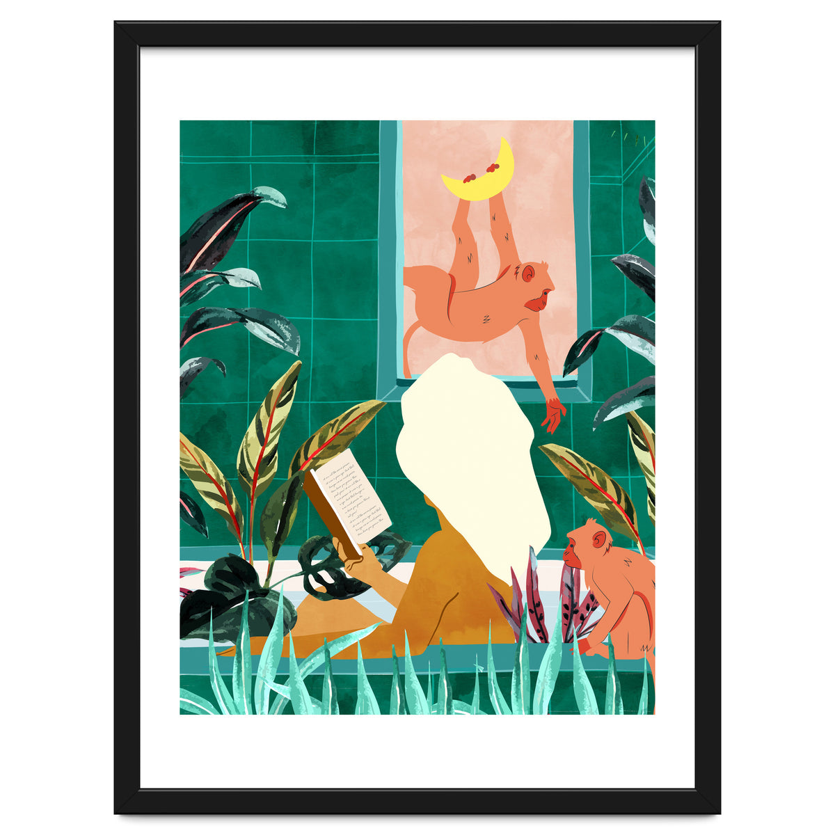 Urban Jungle Bath | Tropical Modern Bohemian Woman Bathtub | Pet Monkey Wild Animals Moon Watercolor