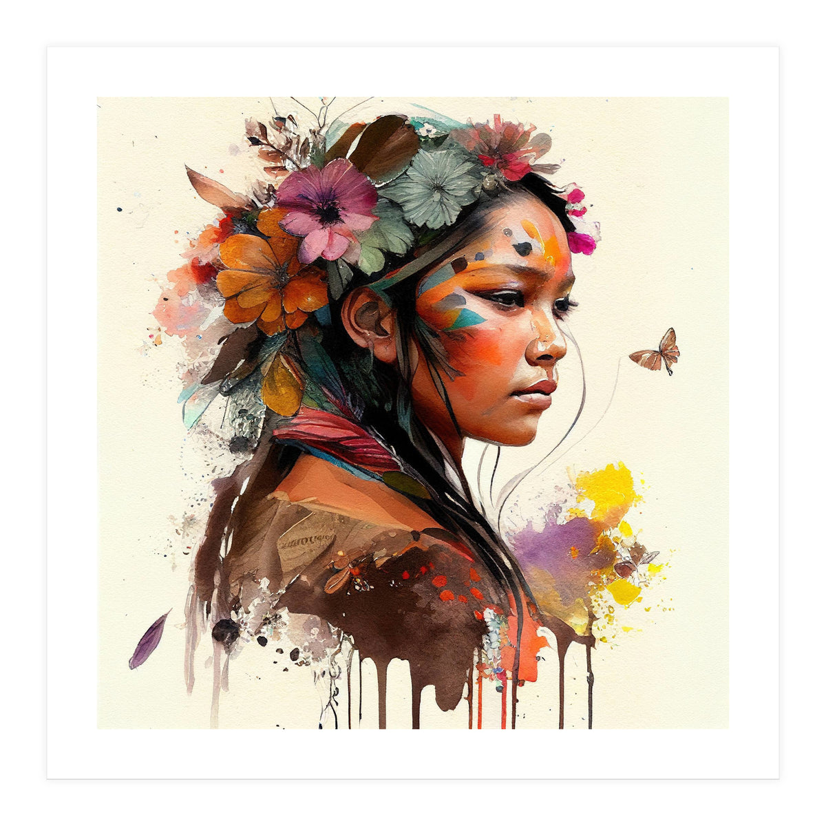 Watercolor Floral Indian Native Woman #4 (Print Only)