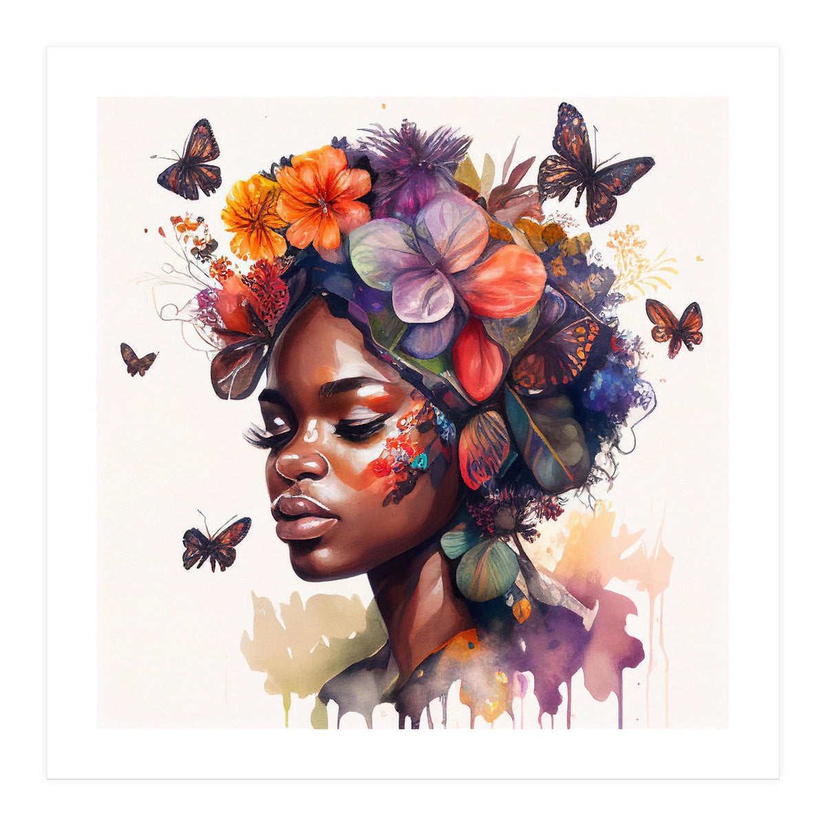 Watercolor Butterfly African Woman #2 (Print Only)