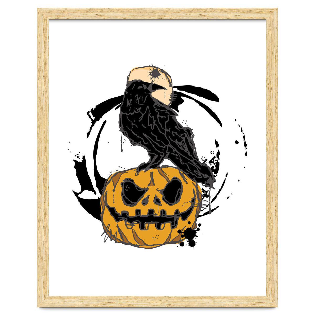 Raven over a pumpkin scribble sketch