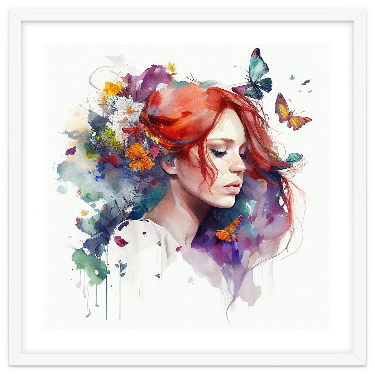 Watercolor Floral Red Hair Woman #1