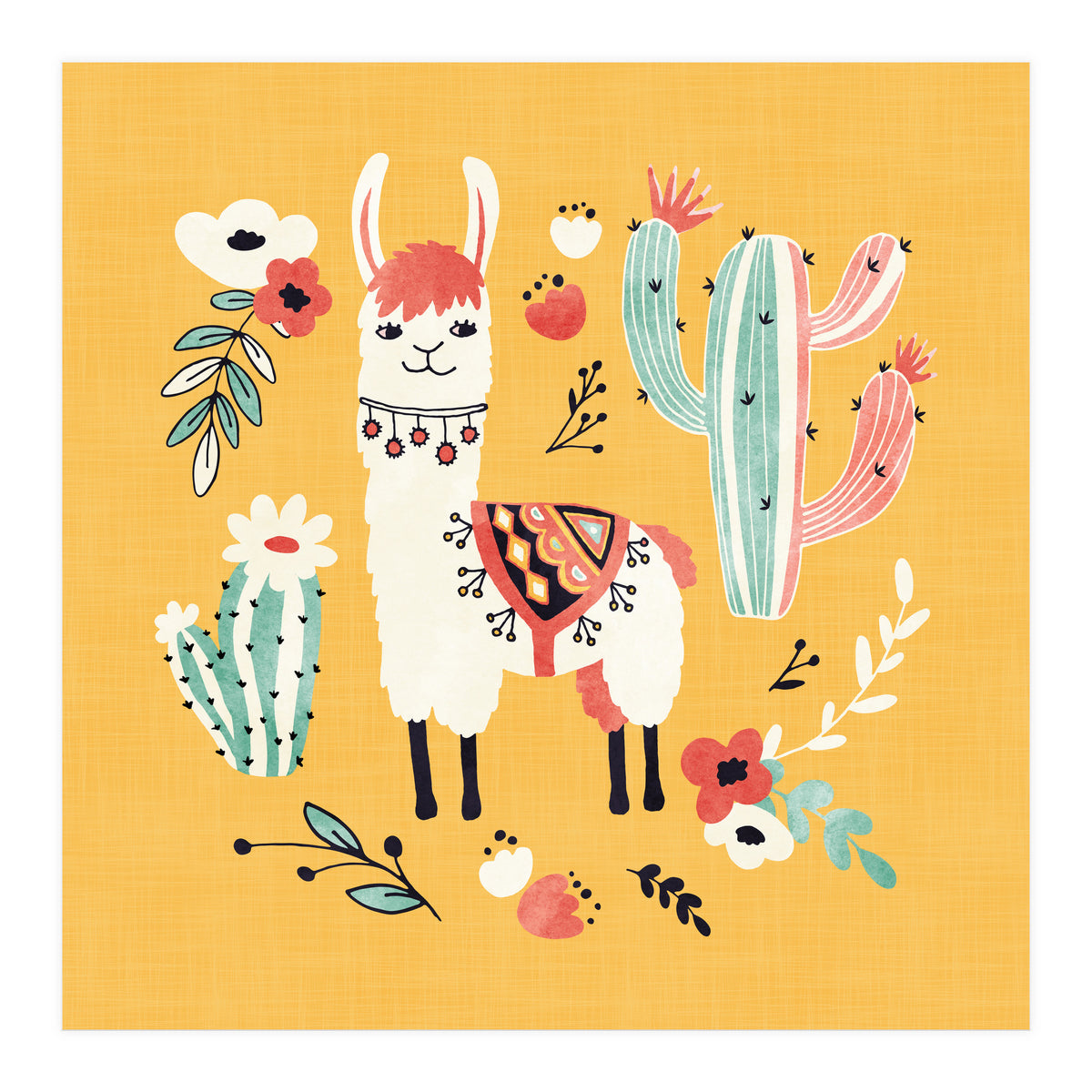 White Llama With Flowers (Print Only)