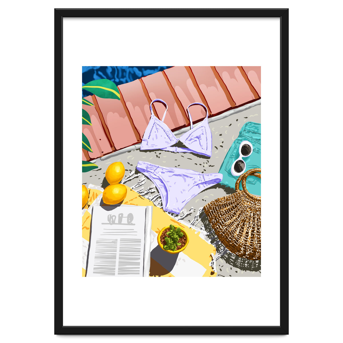 Summer on my mind, Tropical Travel Swimming Pool Fashion Illustration, Eclectic Beachy Summer Bikini