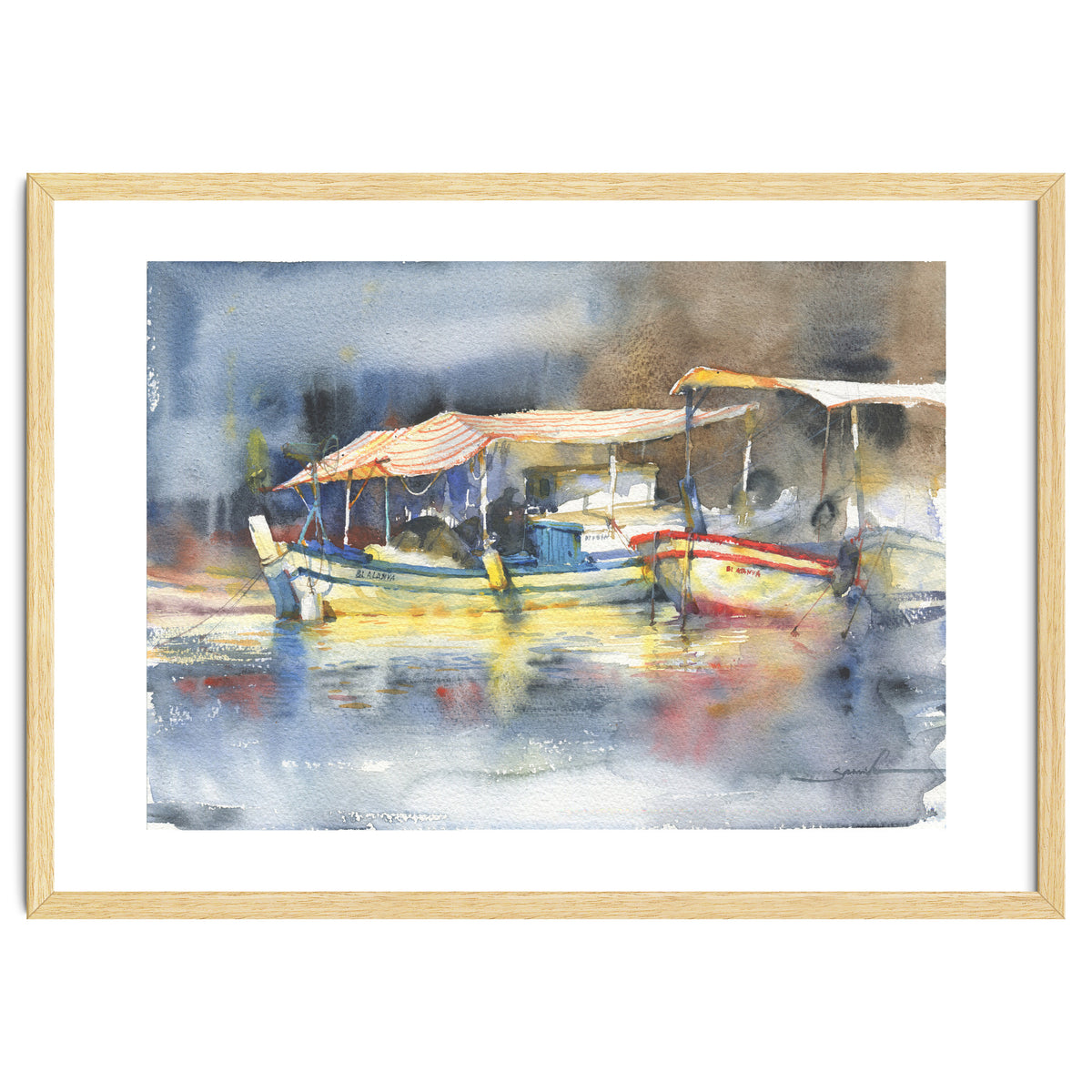 Yachts in the port. Watercolor art