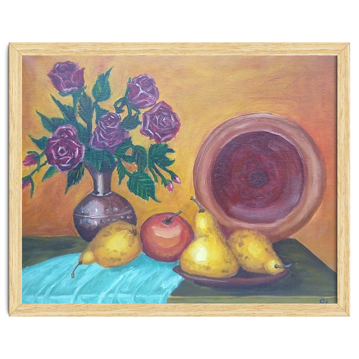 Still life with pears, roses and a dish.