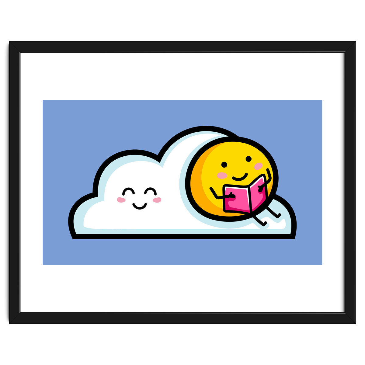 Kawaii Cute Sun Reading A Book On A Cloud