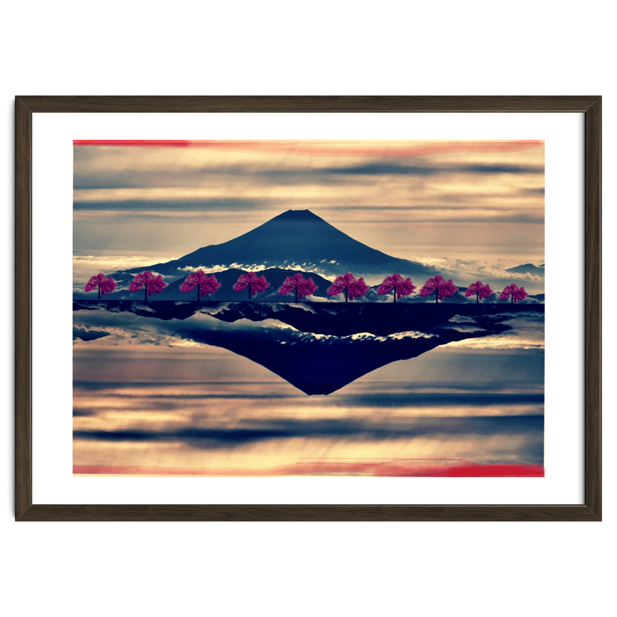 Reflection on Mount Fuji with cherry trees.