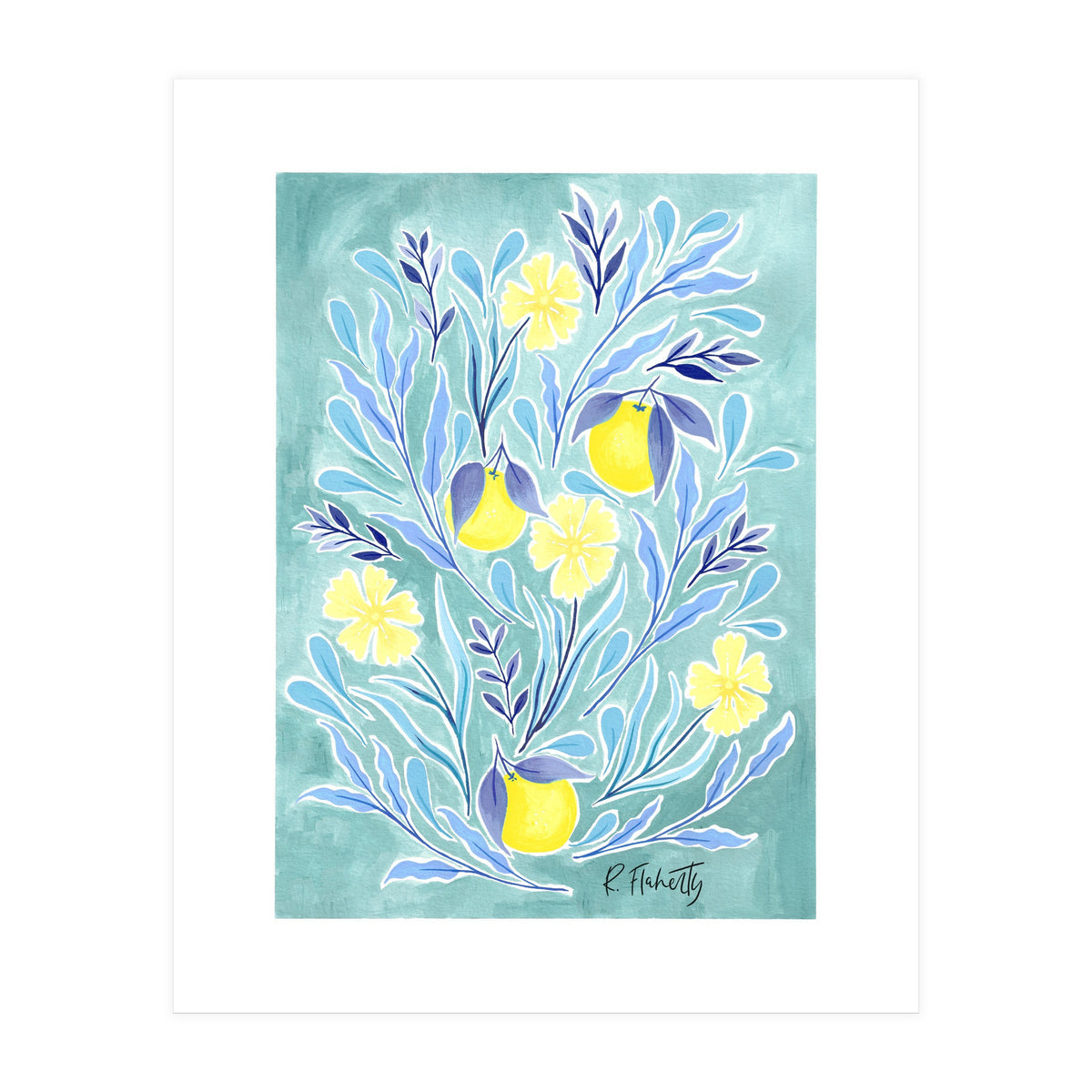 Wild Orange Floral | Lemon & Duck Egg Blue (Print Only)