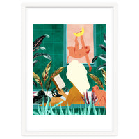 Urban Jungle Bath | Tropical Modern Bohemian Woman Bathtub | Pet Monkey Wild Animals Moon Watercolor