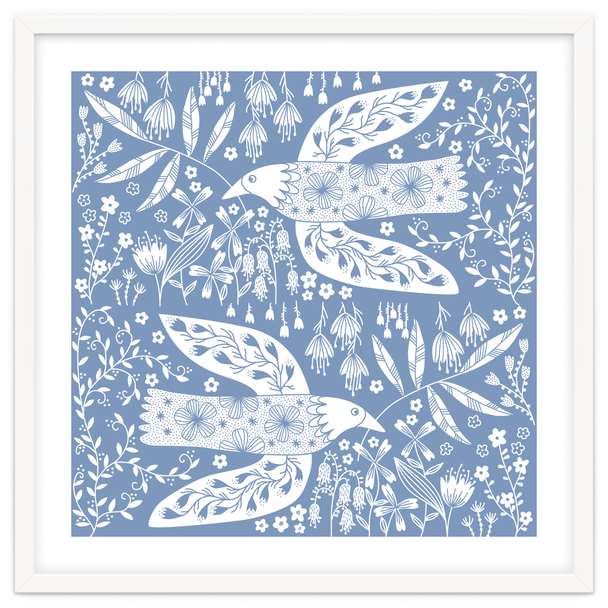 Doves And Flowers White On Blue