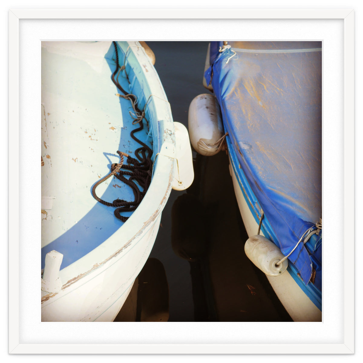 Blue and white wooden fishing boats