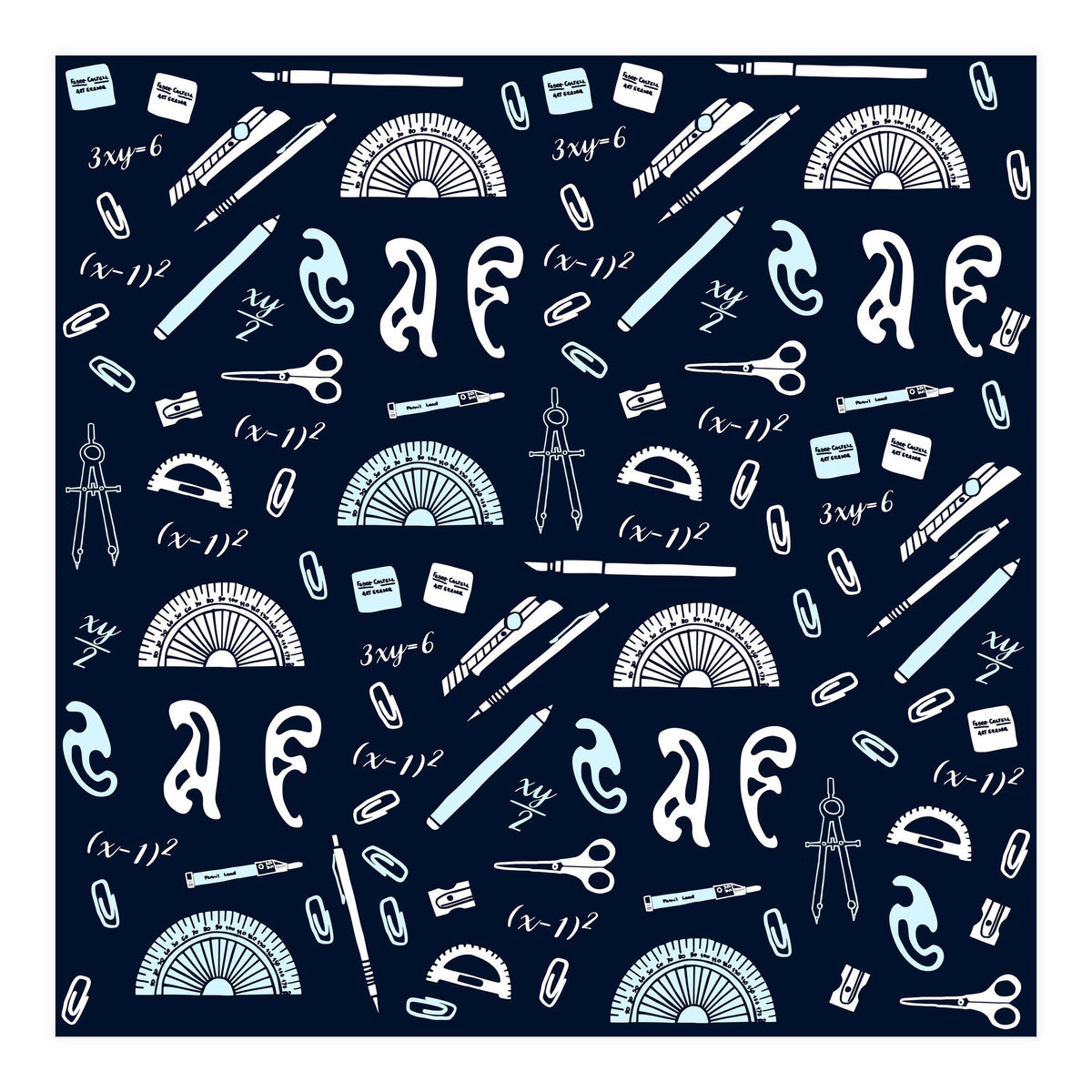 Mathematics and Geometry Pattern with protractors, mechanical pencils and erasers (Print Only)