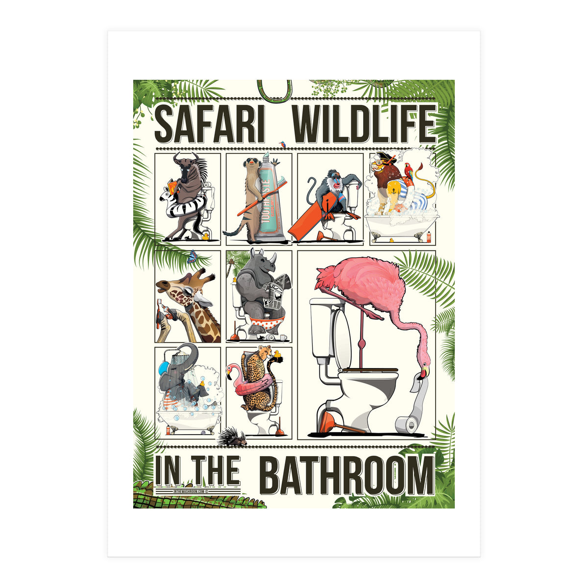 Safari wildlife animals in the bathroom, funny toilet humour.  (Print Only)