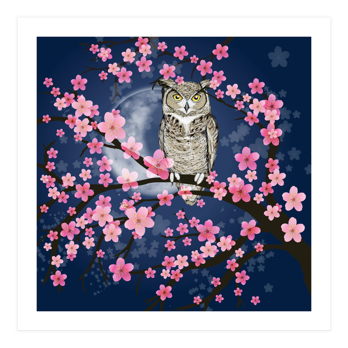 Great horned owl in a blossom tree (Print Only)