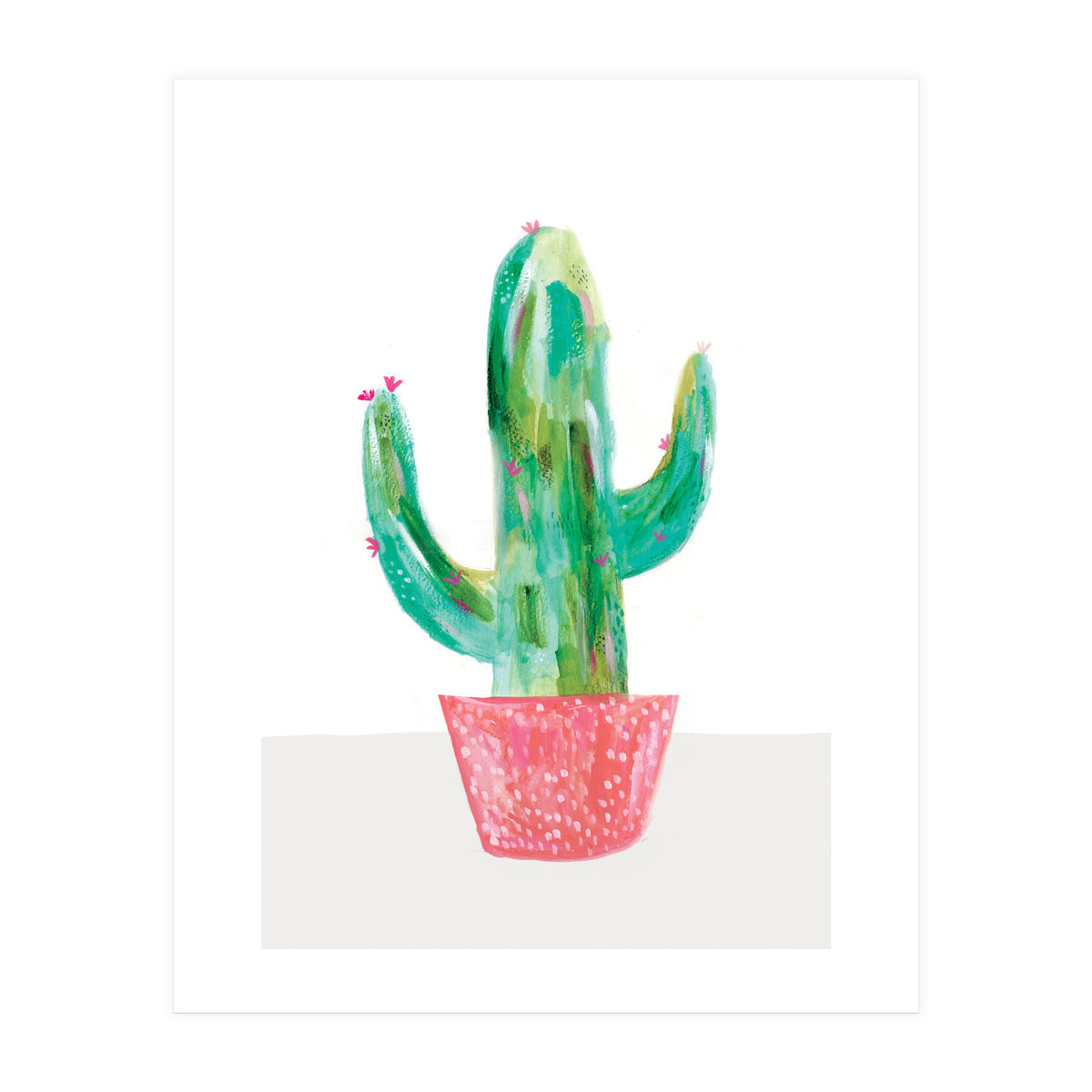 Painted Cactus In Coral Plant Pot (Print Only)