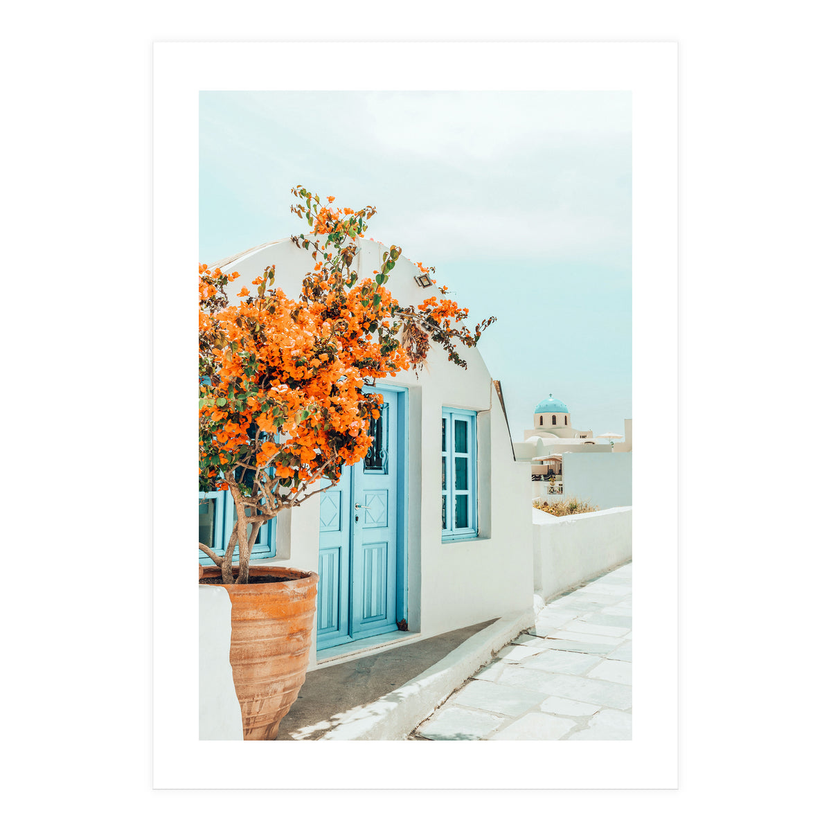 Greece Airbnb, Greece Photography Travel Digital Art, Scenic Landscape Architecture, White Building (Print Only)