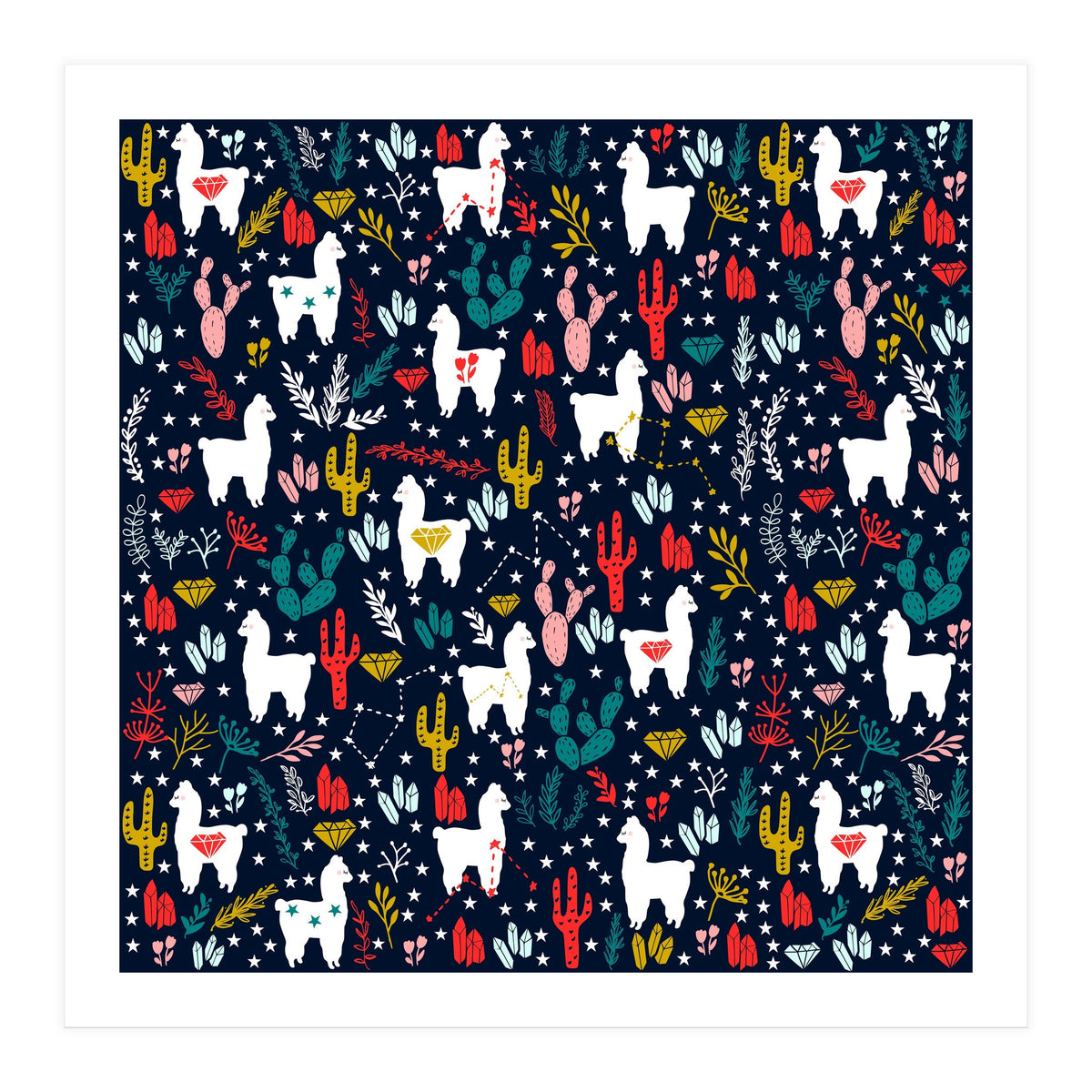 Cute Alpaca Pattern with Cacti, Stars and Crystals (Print Only)
