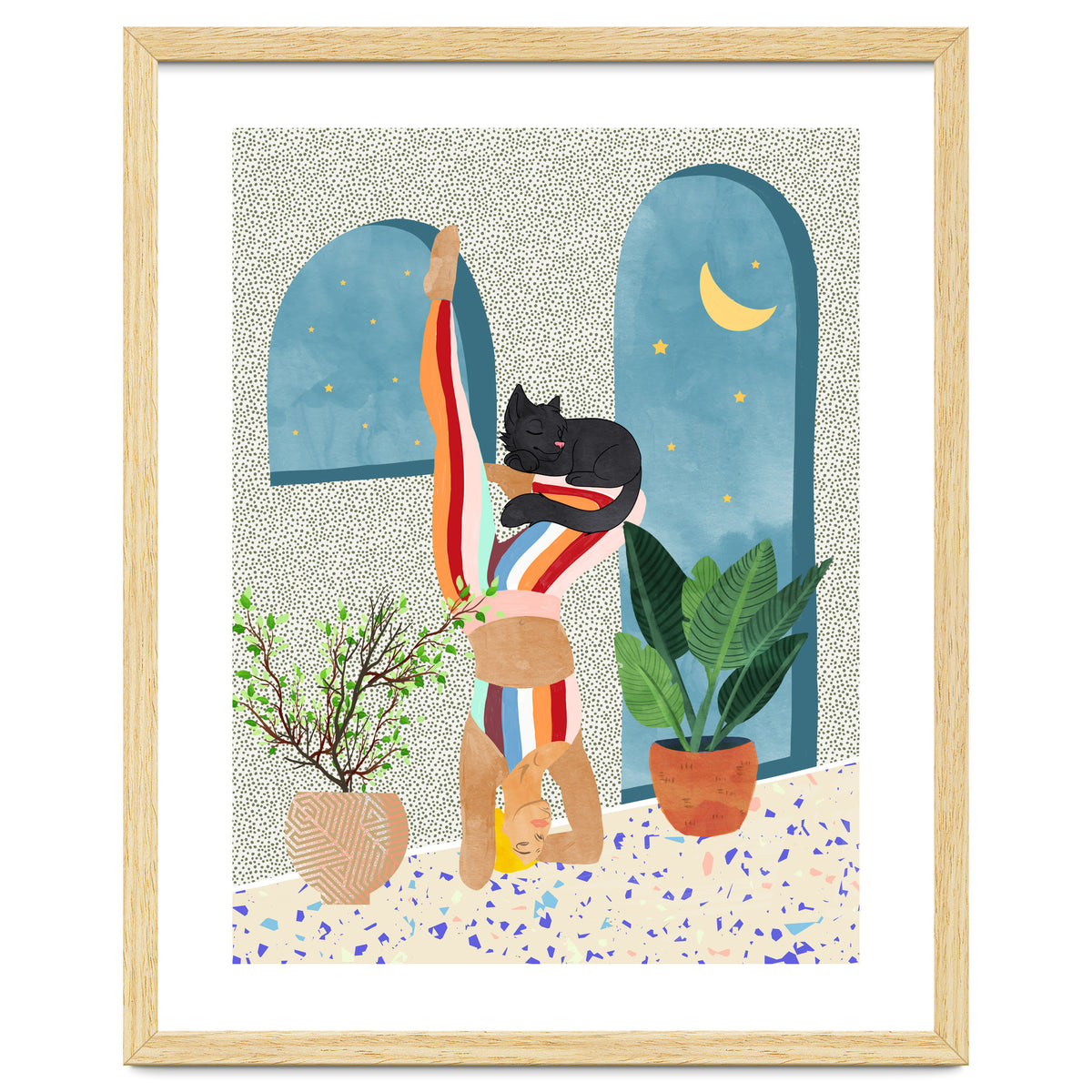 Headstand, Cat Yoga, Active Woman Workout, Eclectic Colorful Pets Terrazzo