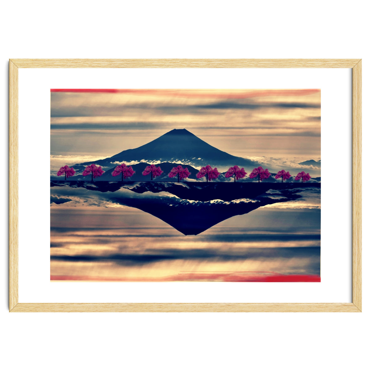 Reflection on Mount Fuji with cherry trees.