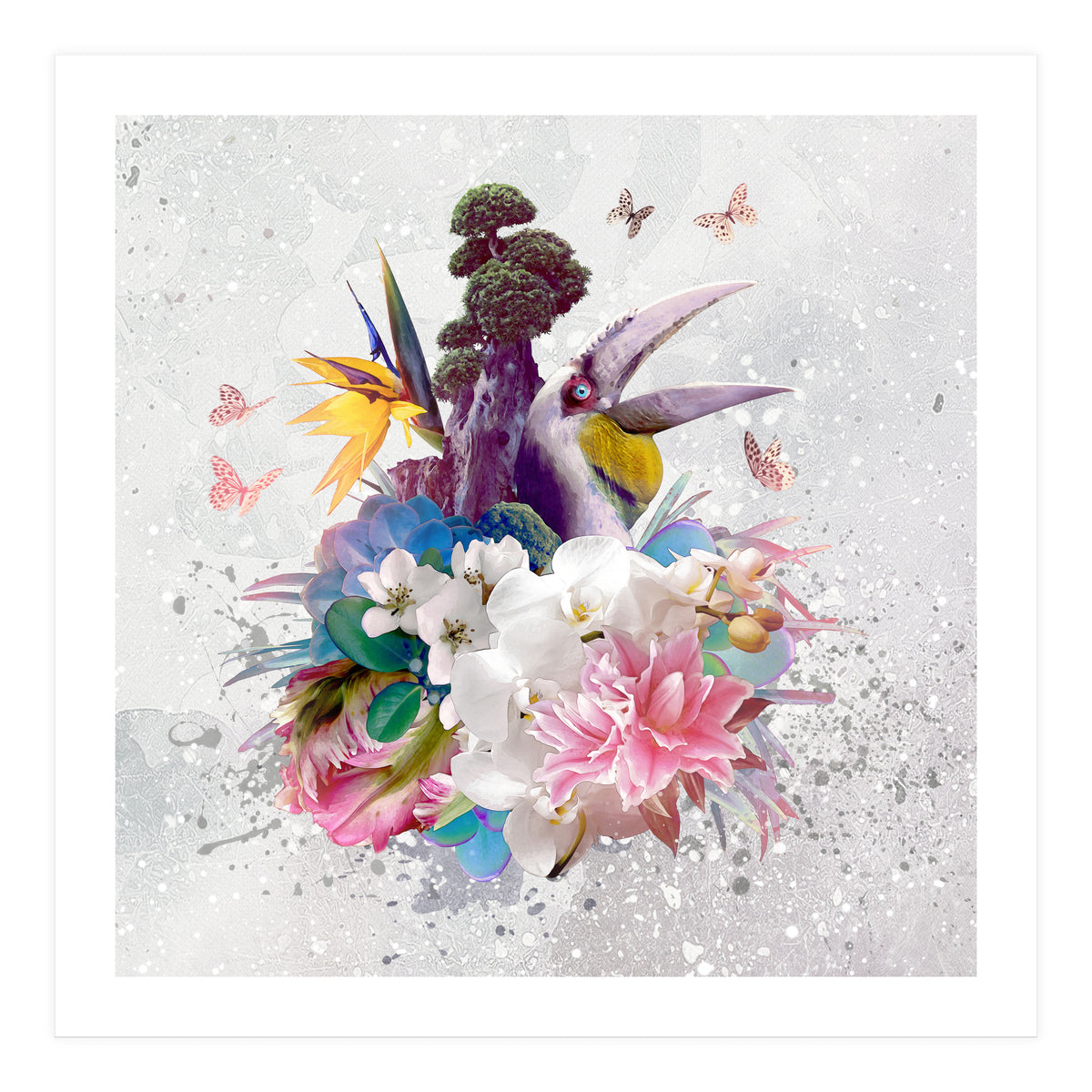 Floral Hornbill Grey  (Print Only)