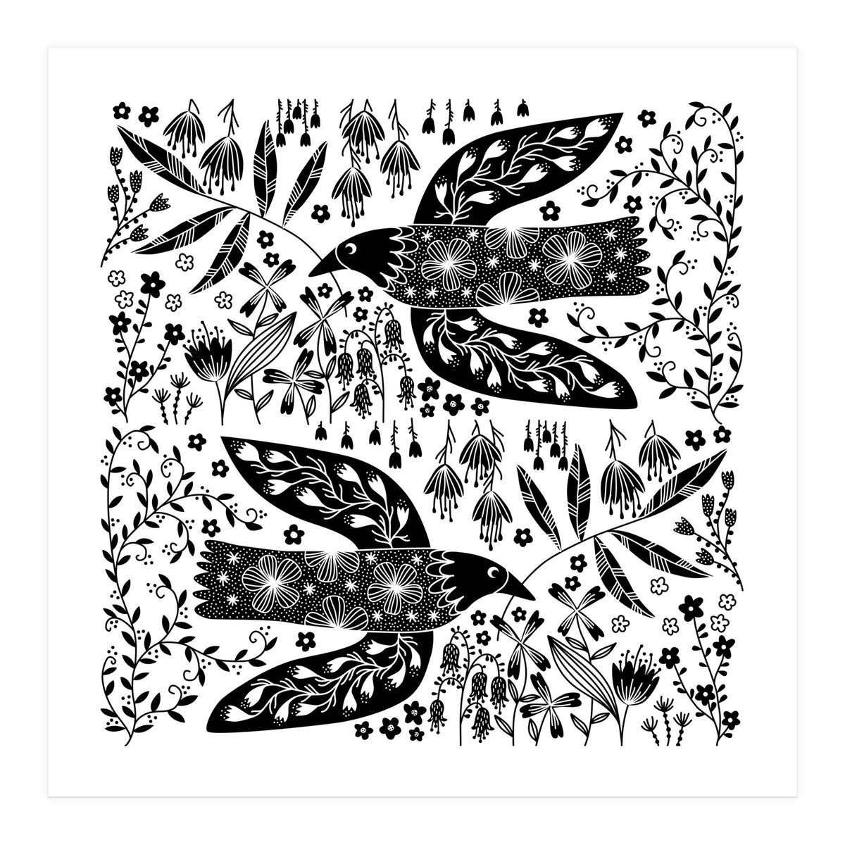 Doves And Flowers Black & White (Print Only)