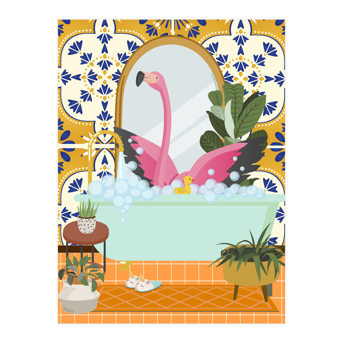 Flamingo Bathing in Moroccan Style Bathroom (Print Only)