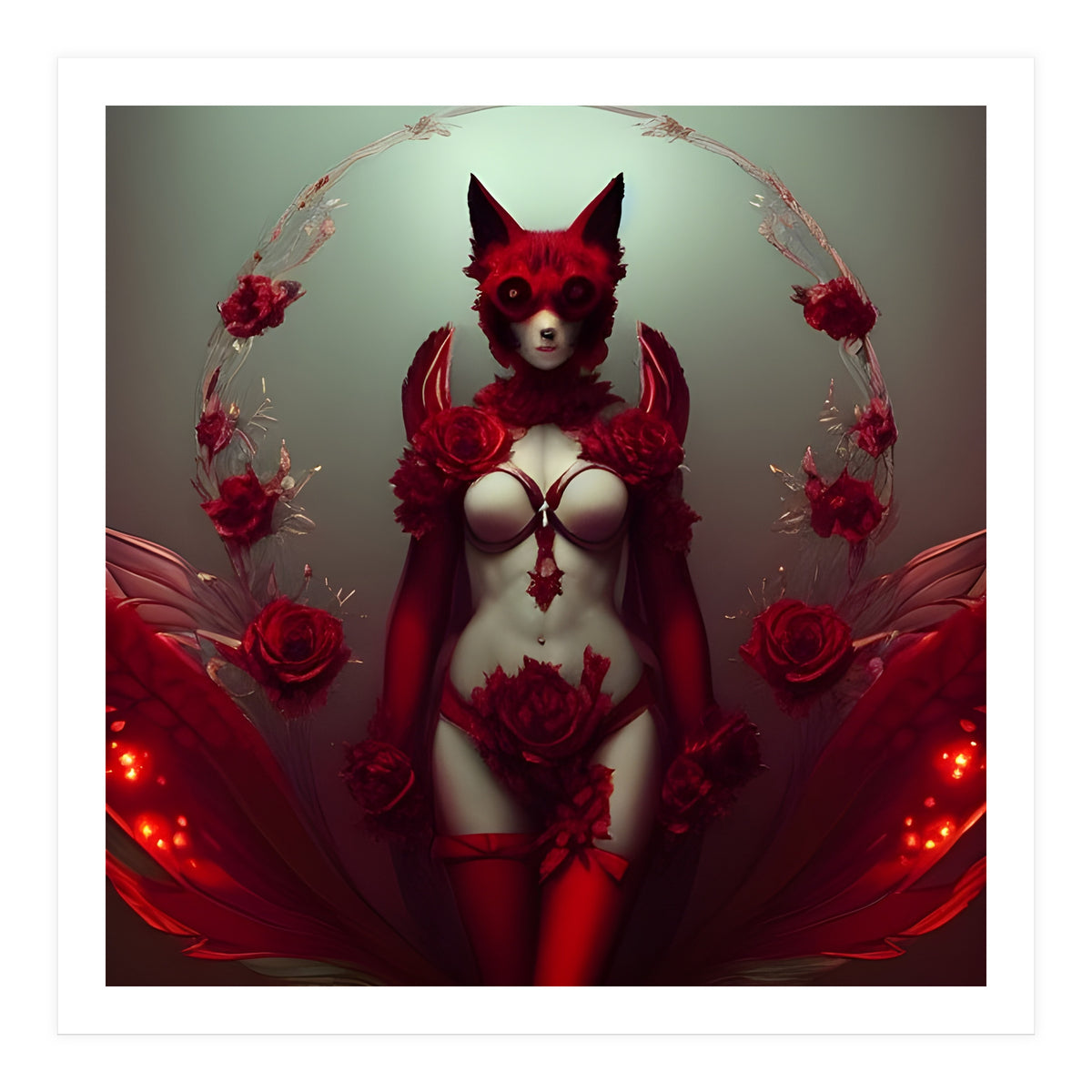 Red Floral Fox Vixen in Lingerie with Roses (Print Only)