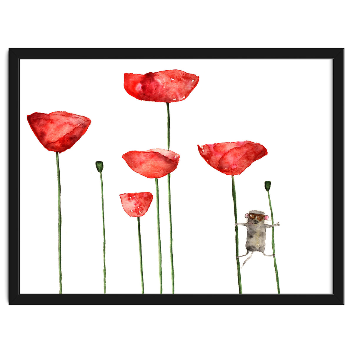 Little mouse loves big poppies || watercolor for nursery