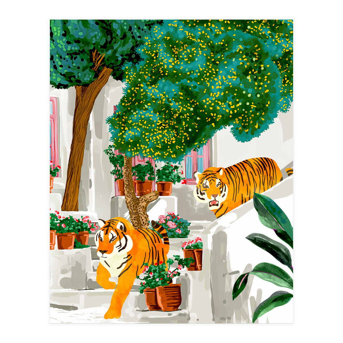 Tigers in Greece | Santorini Travel Architecture, Wildlife Animal Painting | Watercolor Illustration (Print Only)