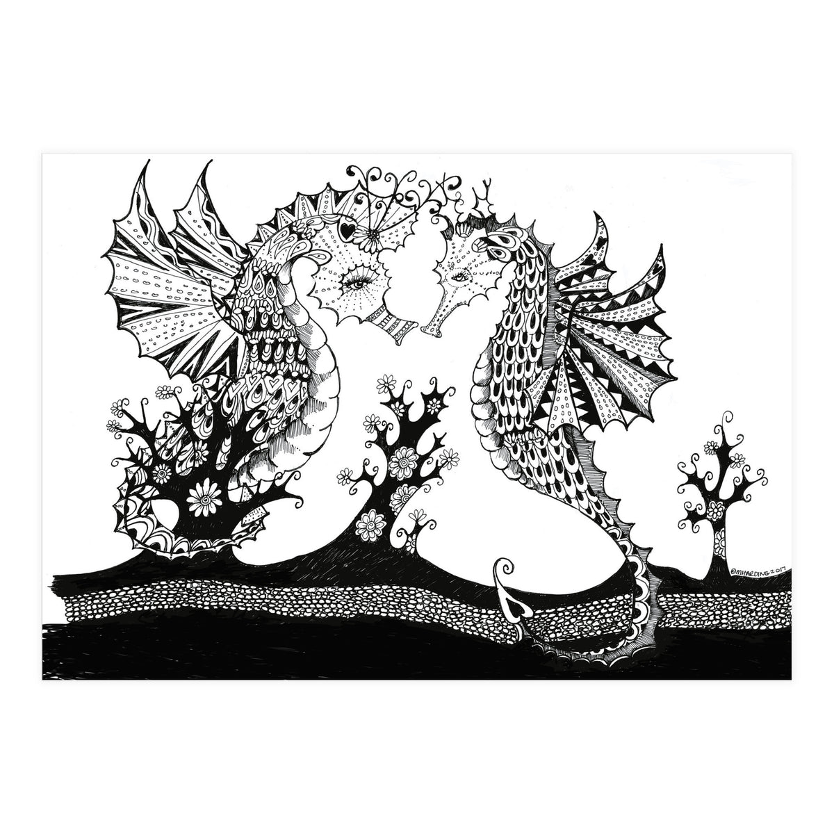 Seahorse Dragons Love Illustration (Print Only)