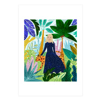 African Safari, Colorful Tropical Jungle Travel, Botanical Watercolor, Blonde Woman with a Leopard (Print Only)