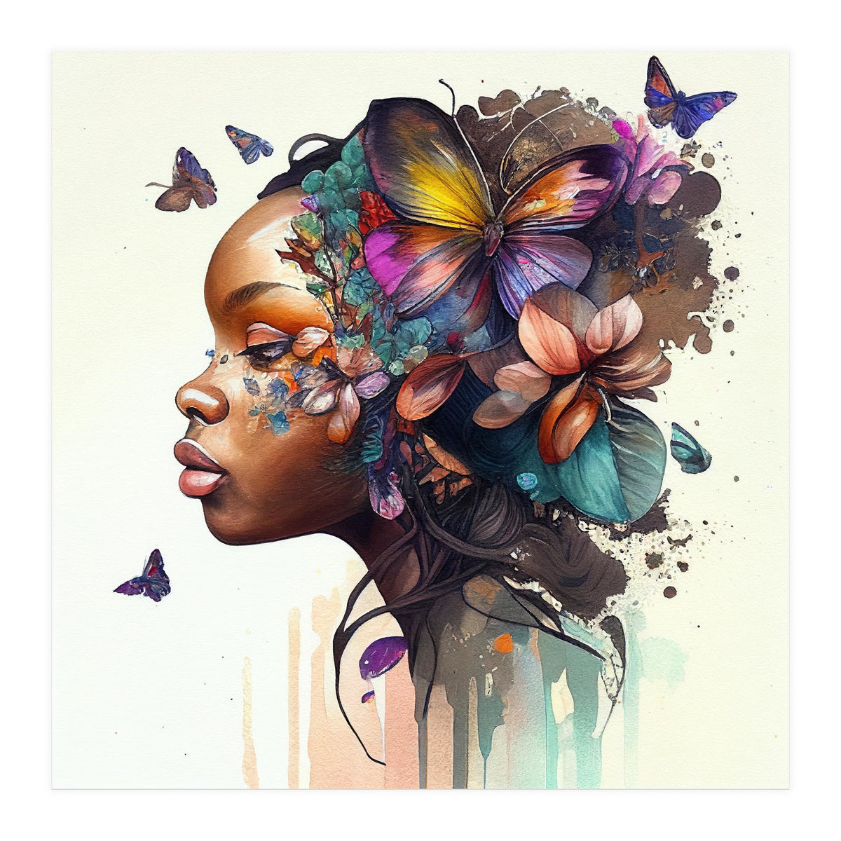 Watercolor Butterfly African Woman #8 (Print Only)