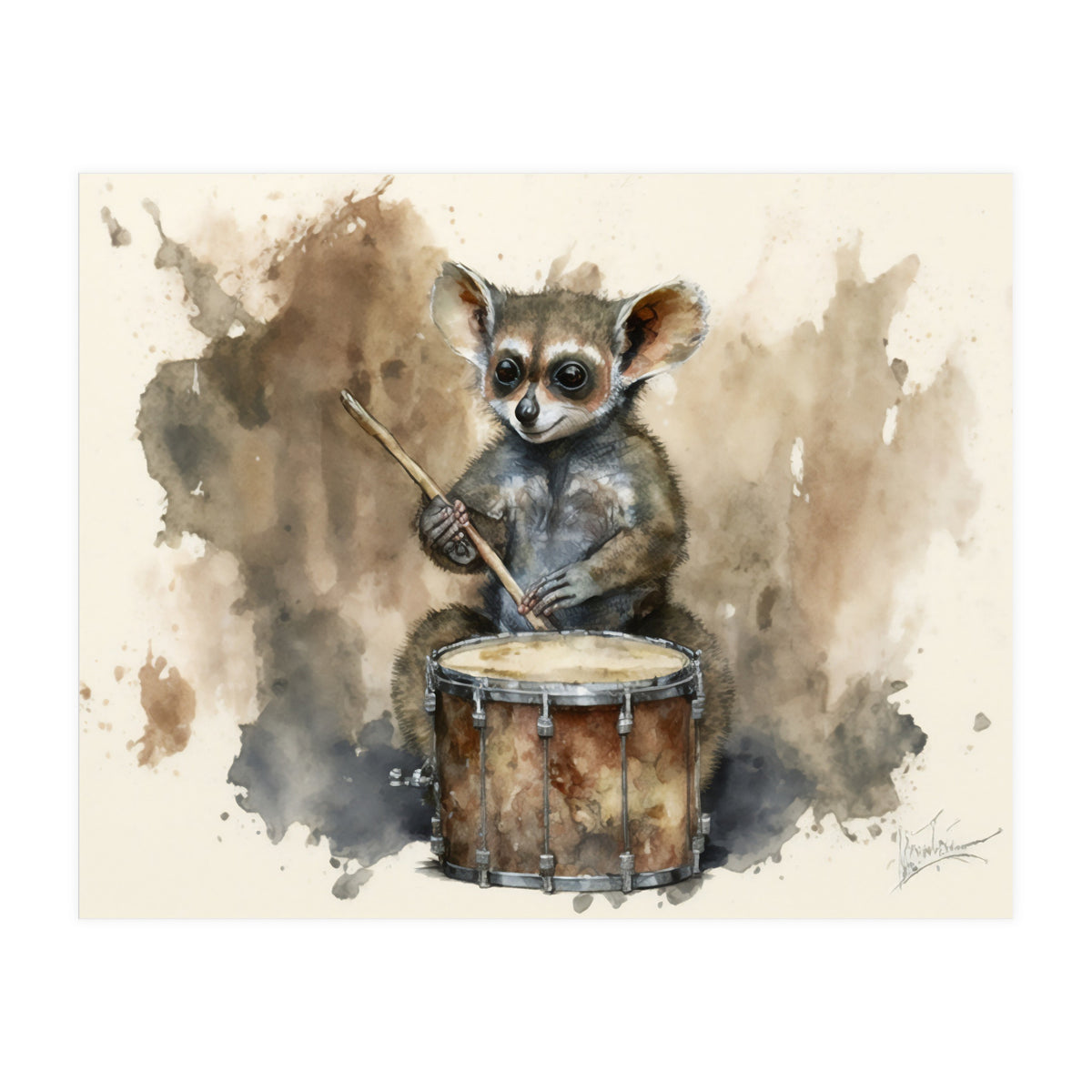 Bush Baby Playing Drum Watercolor Painting (Print Only)