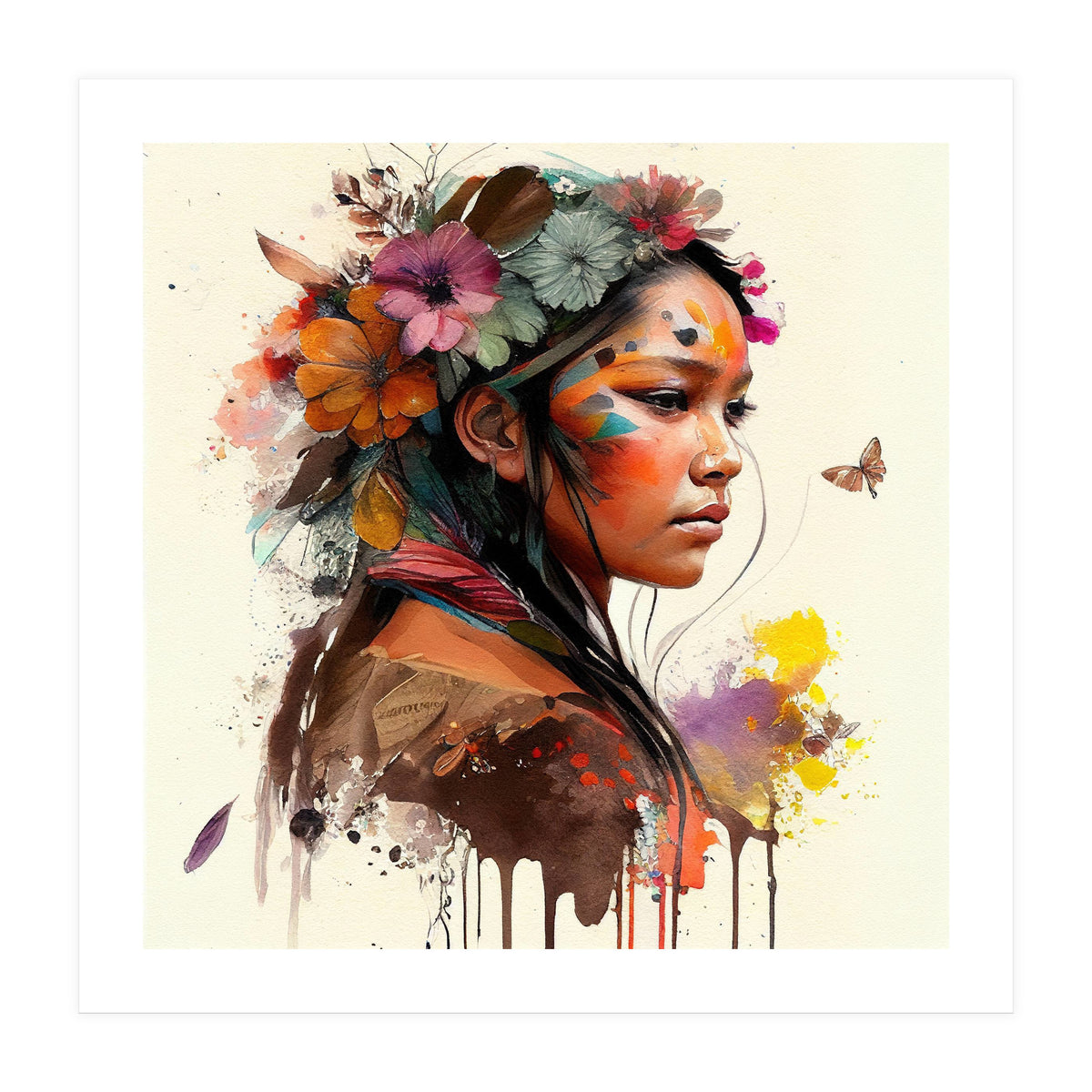 Watercolor Floral Indian Native Woman #4 (Print Only)